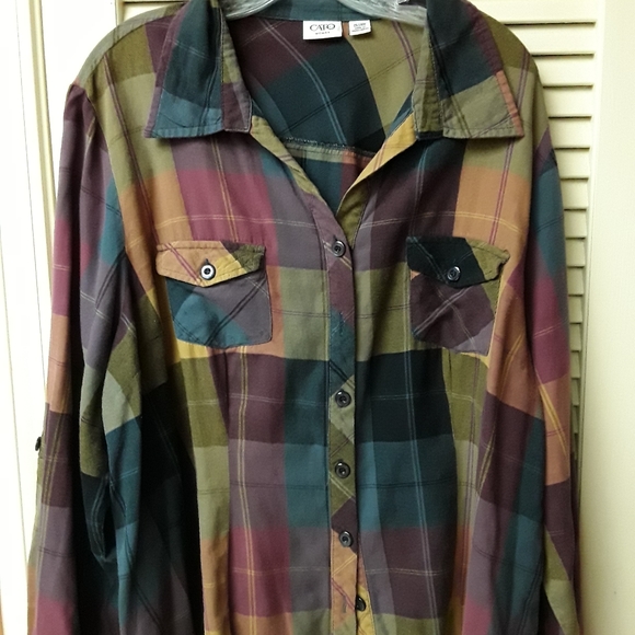 Cato Tops - Earthy Color Patchwork Boho Button Top Plus